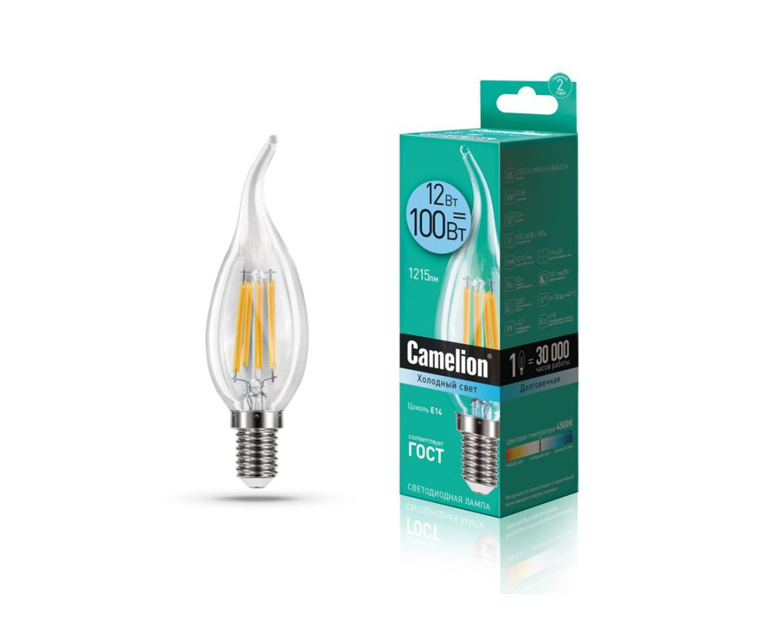 ლედ ნათურა ეკონომიური ფილამენტი 12v CW35-FL/845/E14 Camelion — ნათურა და ვაზნა
